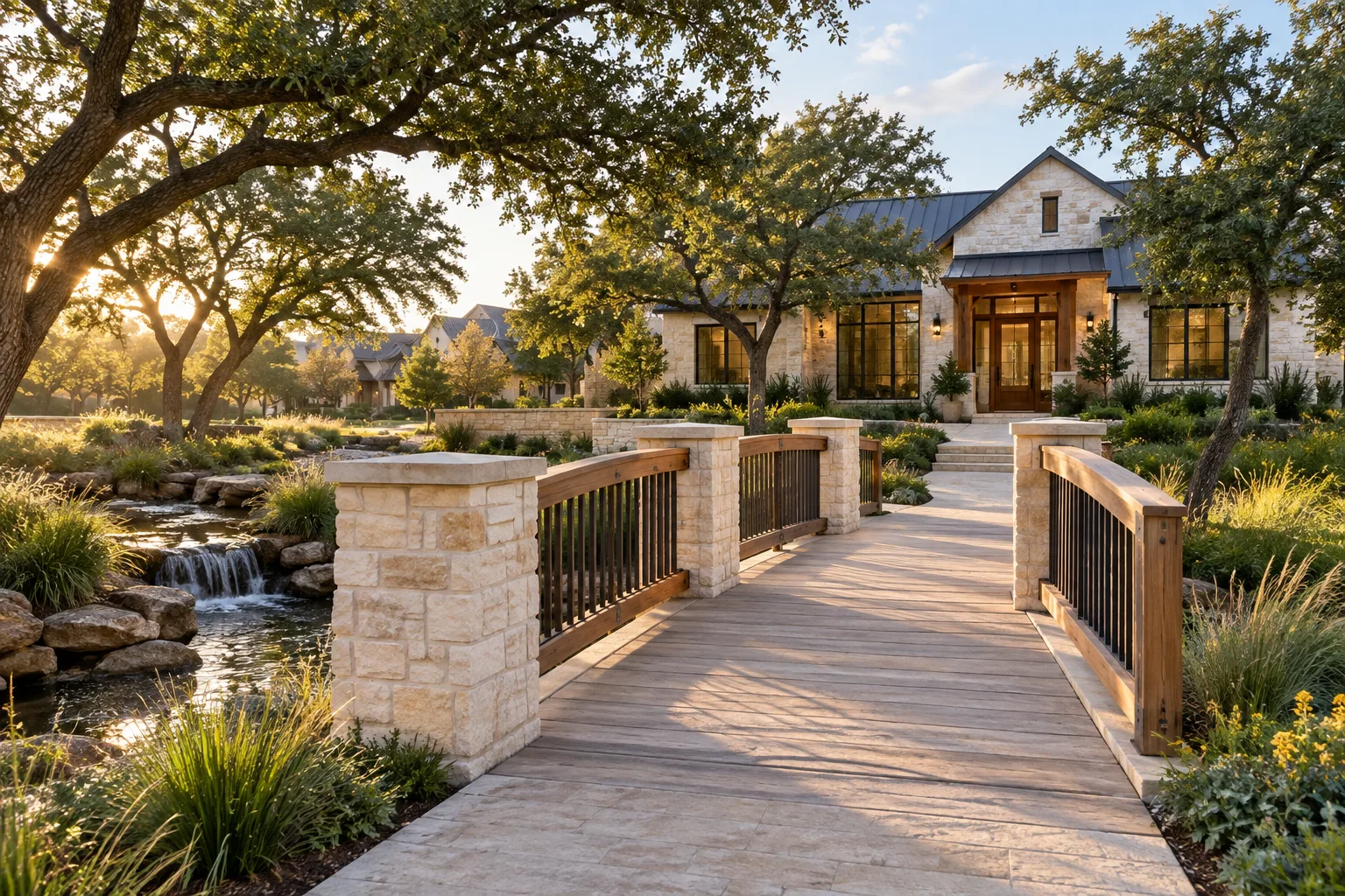 A landscaped bridge leading toward a welcoming Texas family home