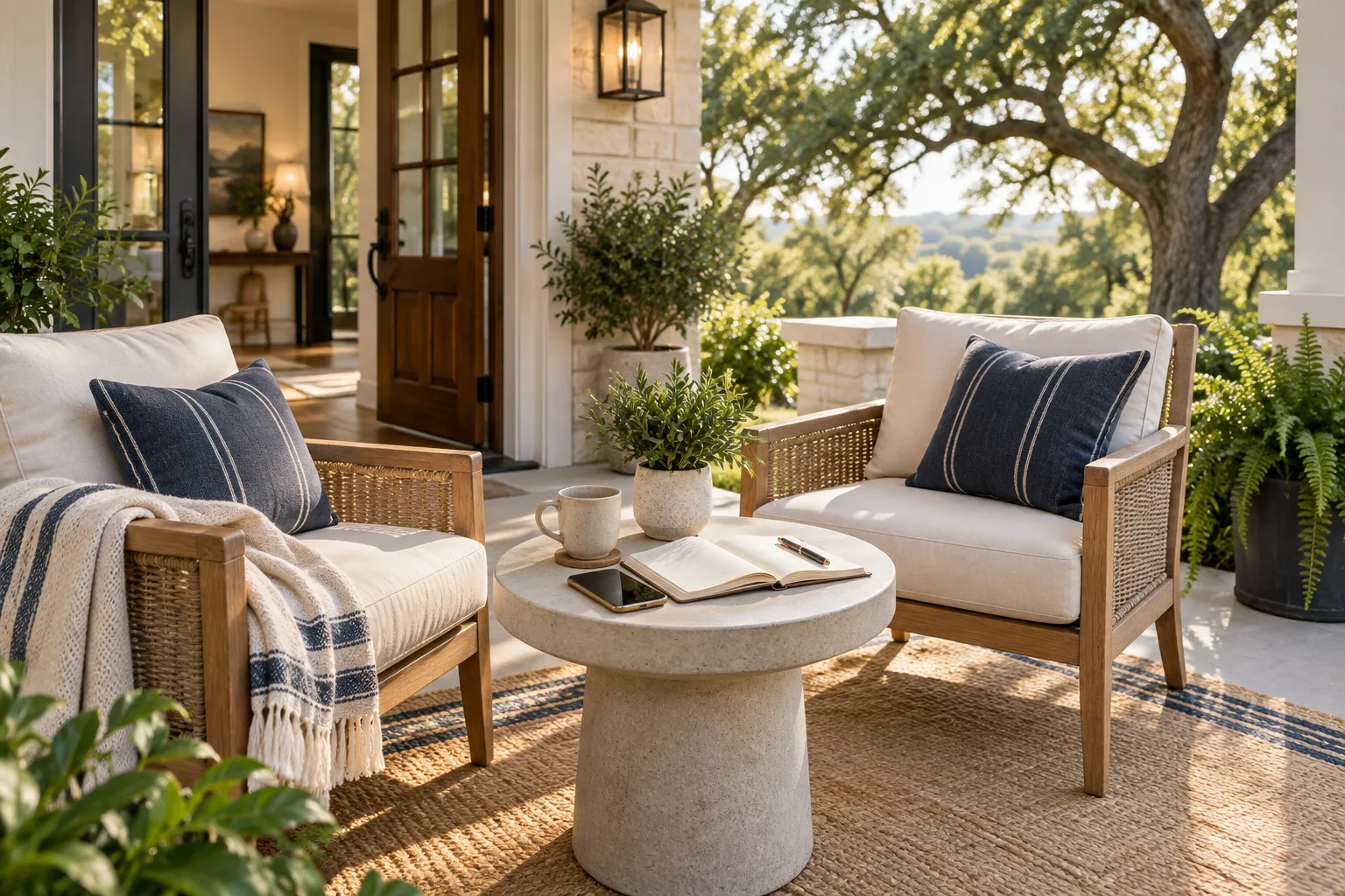 A welcoming Texas porch prepared for a comfortable conversation