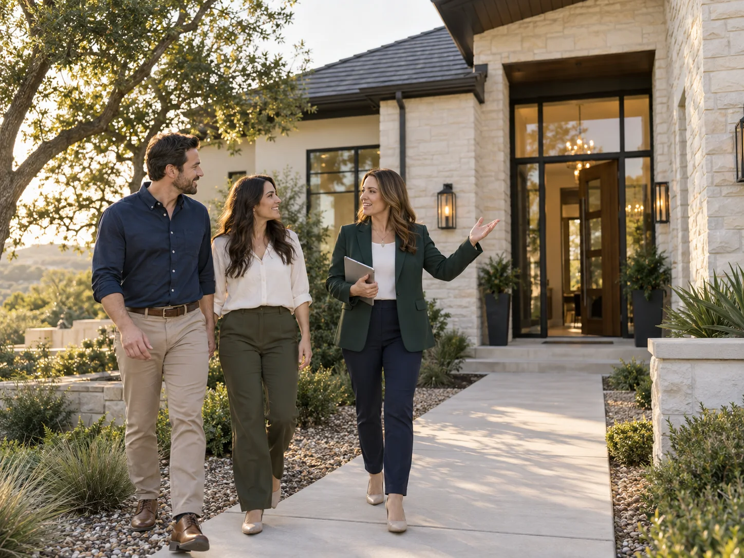 A real estate advisor guiding a couple during a Texas home viewing
