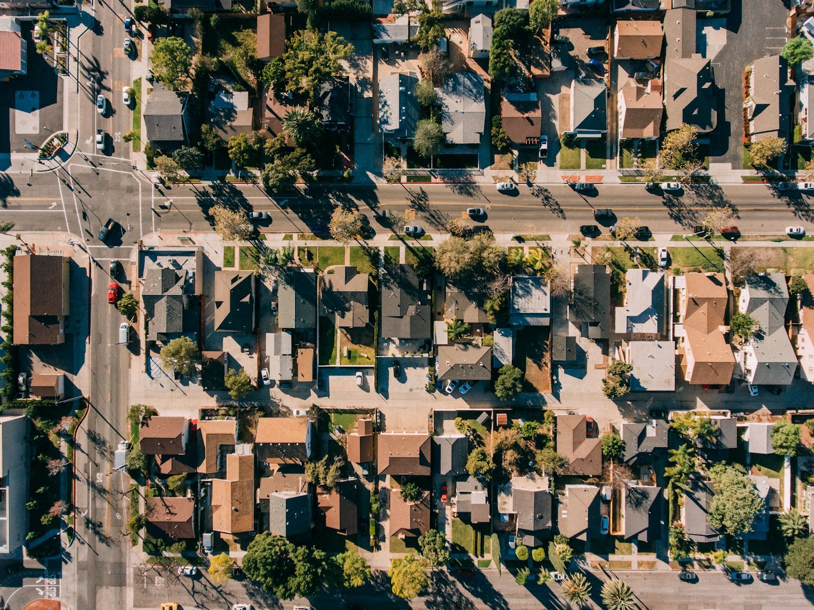 Aerial view of a tree-lined Texas residential neighborhood